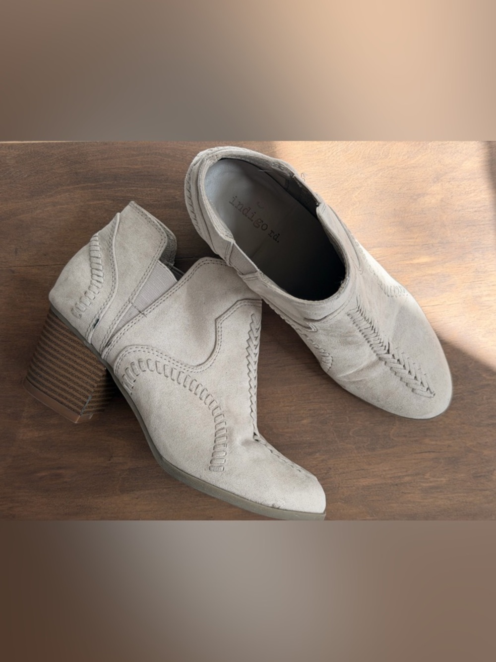 Indigo Taupe Suede Ankle Booties with Braided Stitch Detail - Picture 2 of 3